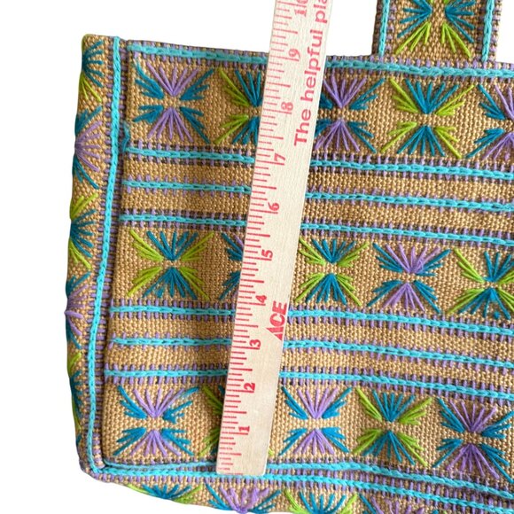 VTG Embroidered Burlap Jute Purse Bag Women Multicolor Crewel Folk Boho Beach - Picture 6 of 7